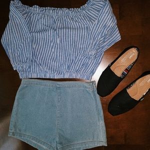 blue off the shoulder shirt